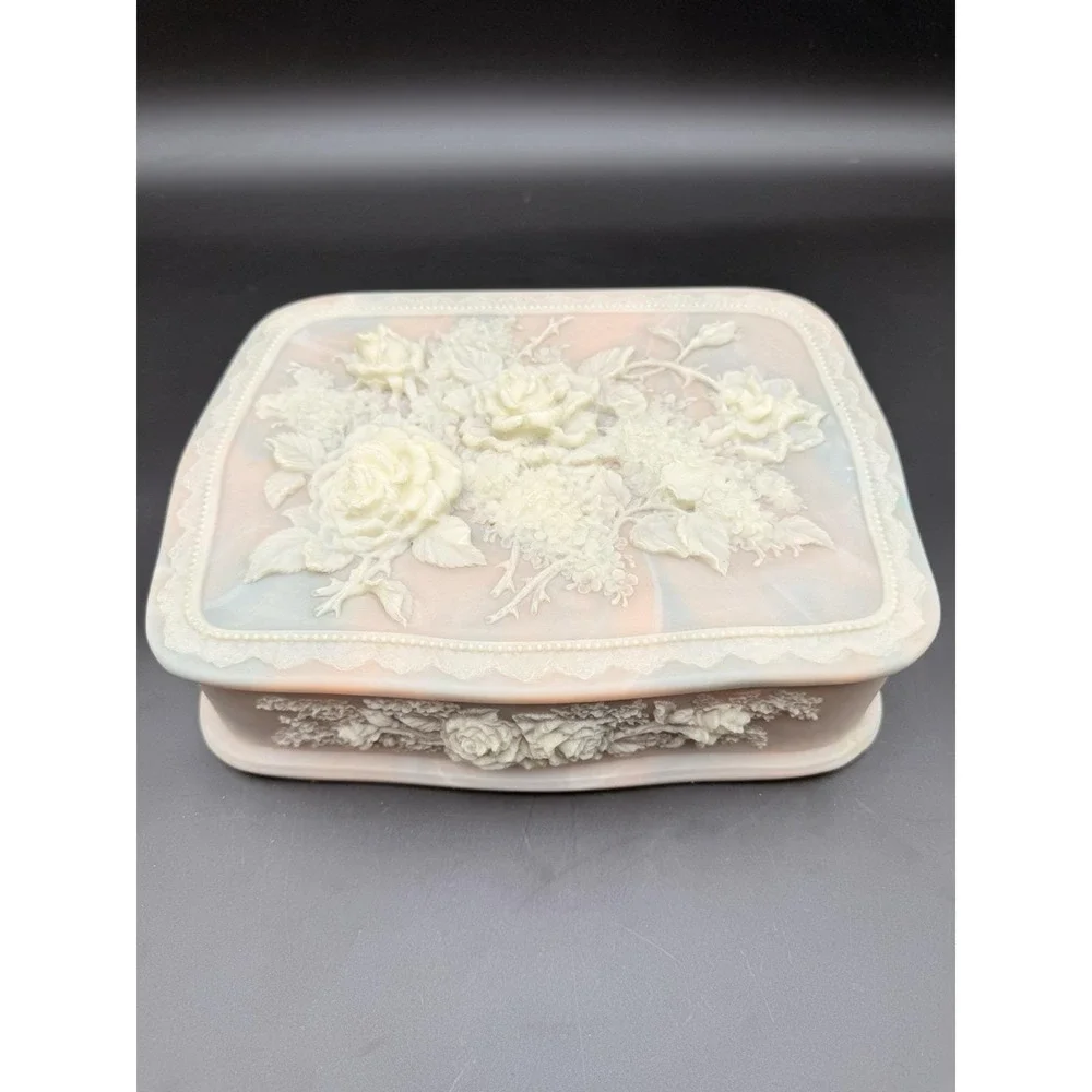 Vintage INCOLAY Pink Stone Flower Bouquet Jewelry Trinket Box